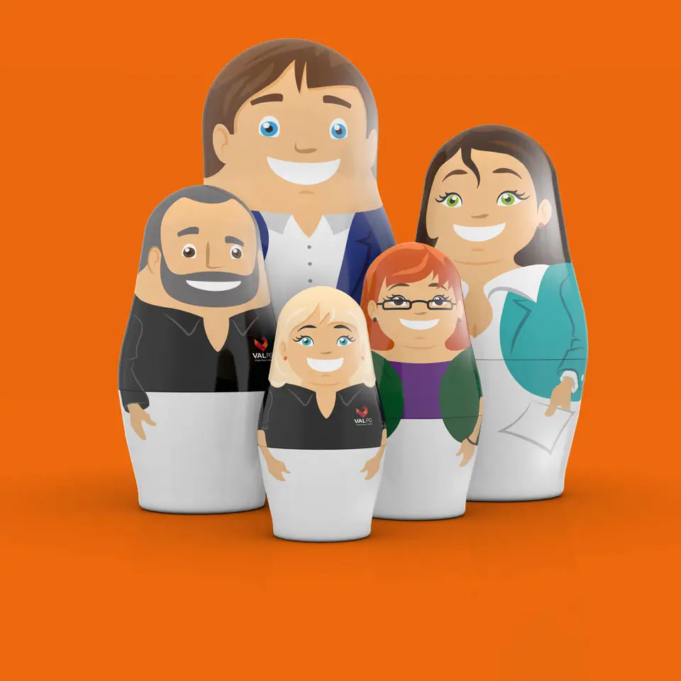 Design 3d-Famille-de-5-poupées-russes les-métiers-fond orange Val PG
